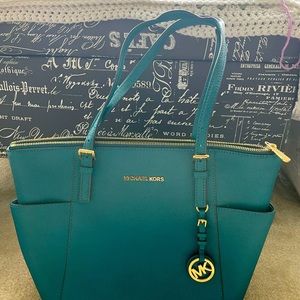 Teal Michael Kors Medium top zip tote